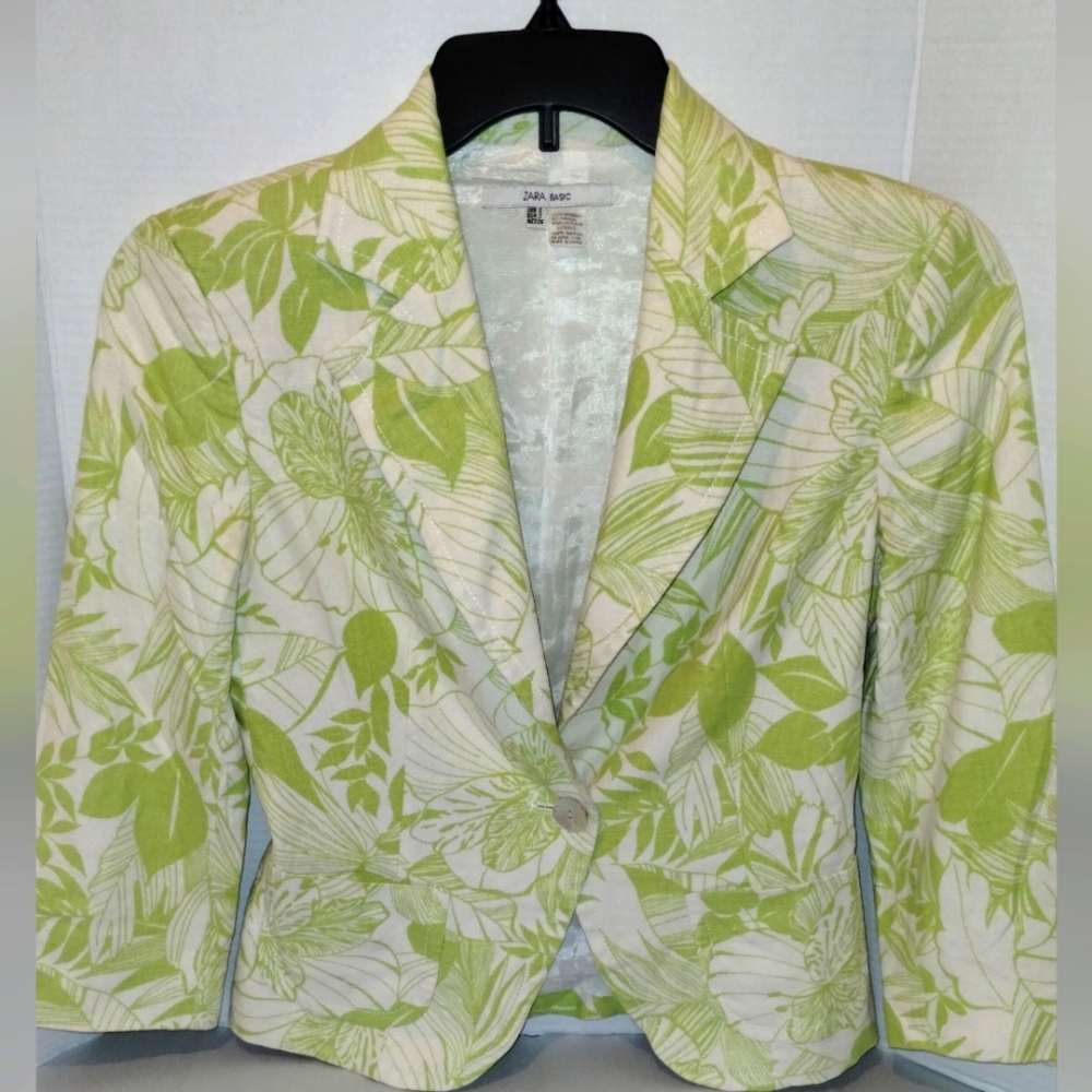 Zara Linen Blend Green and White Floral Blazer